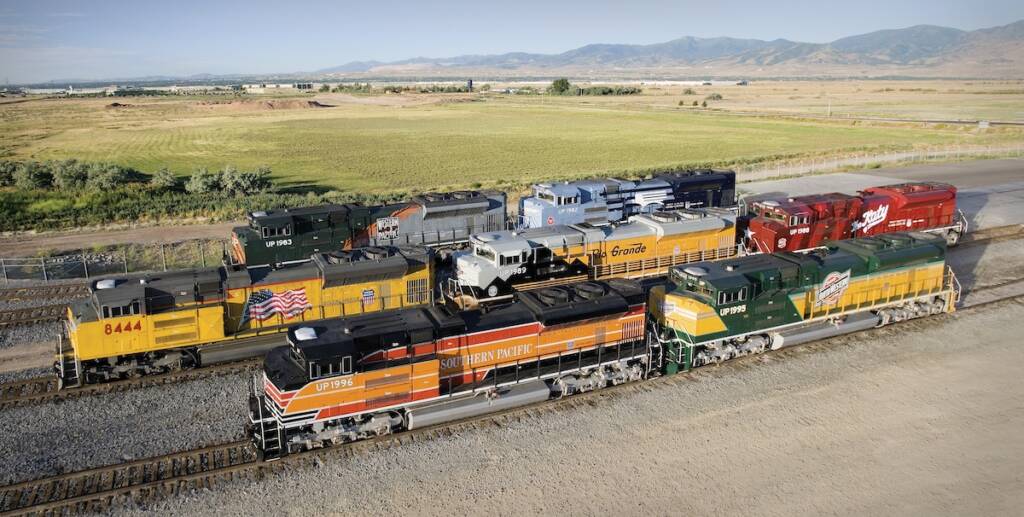 Heritage-painted diesels lined up
