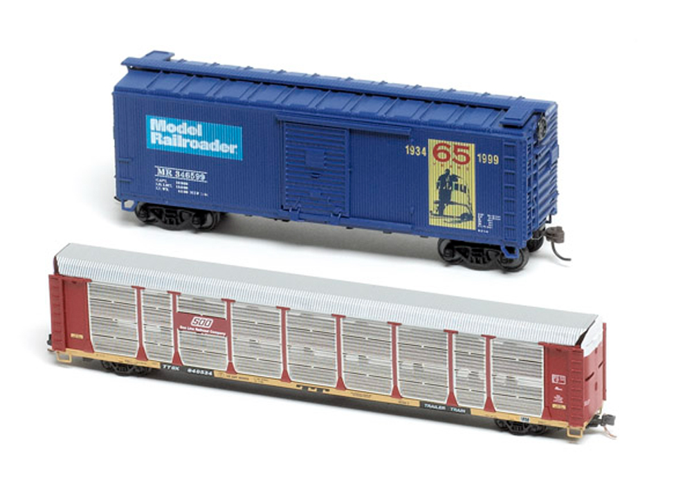 N scale trains on HO curves: An image of two model freight cars