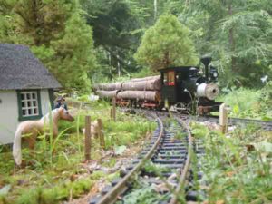 1:20.3 scale steam engine pulling a log train