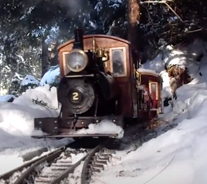 A diminutive garden scale live steam locomotive hauls a train through a snowy outdoor layout.