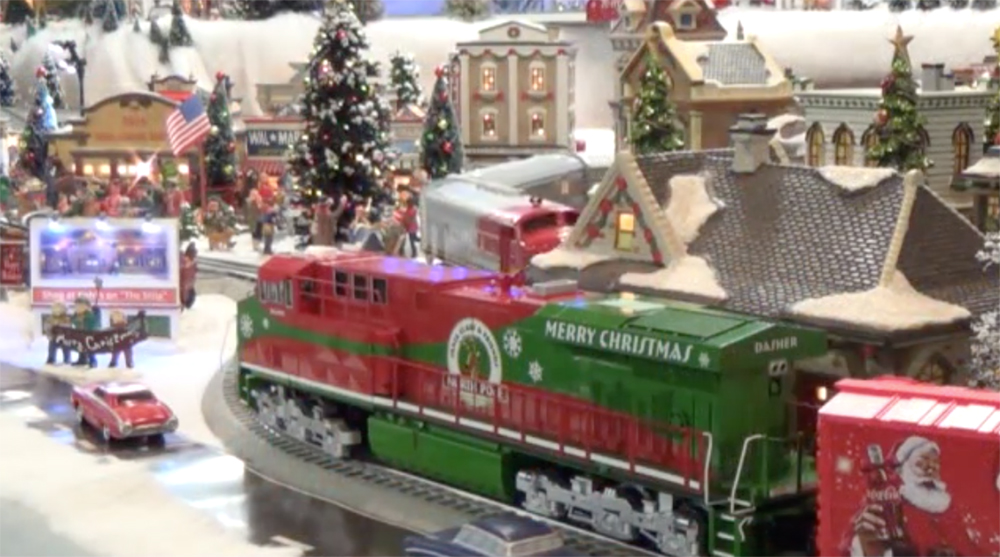 Holiday scene on toy train layout