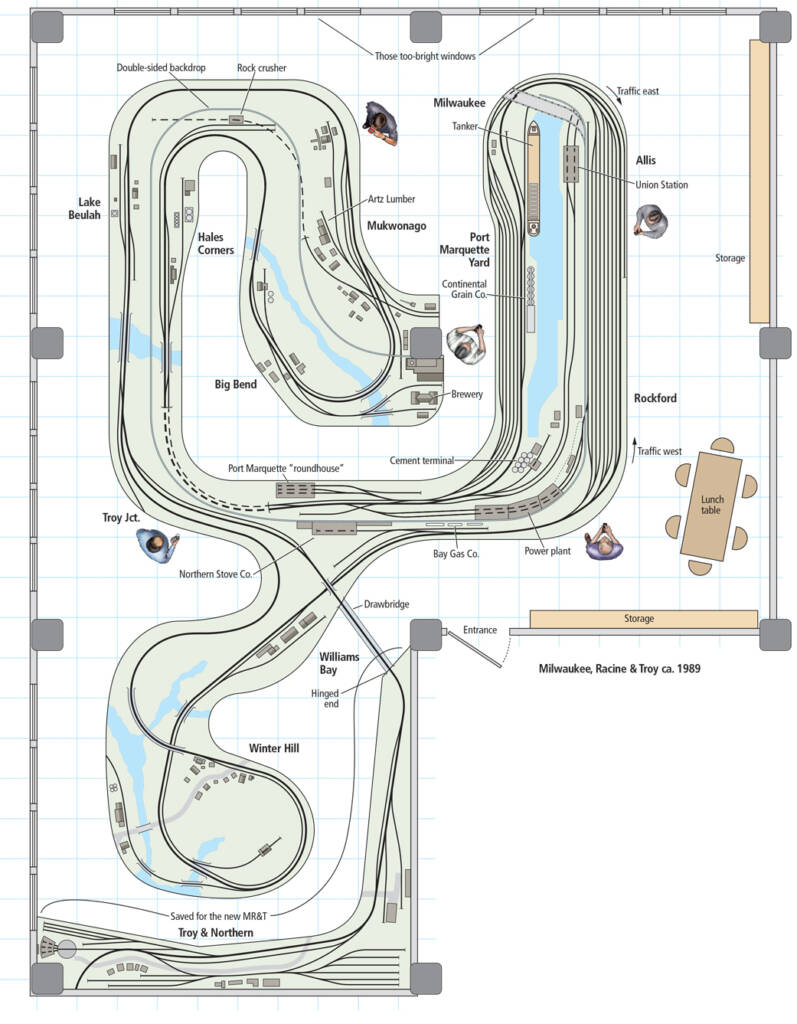 A track plan for the Milwaukee, Racine & Troy layout as it appeared in 1989