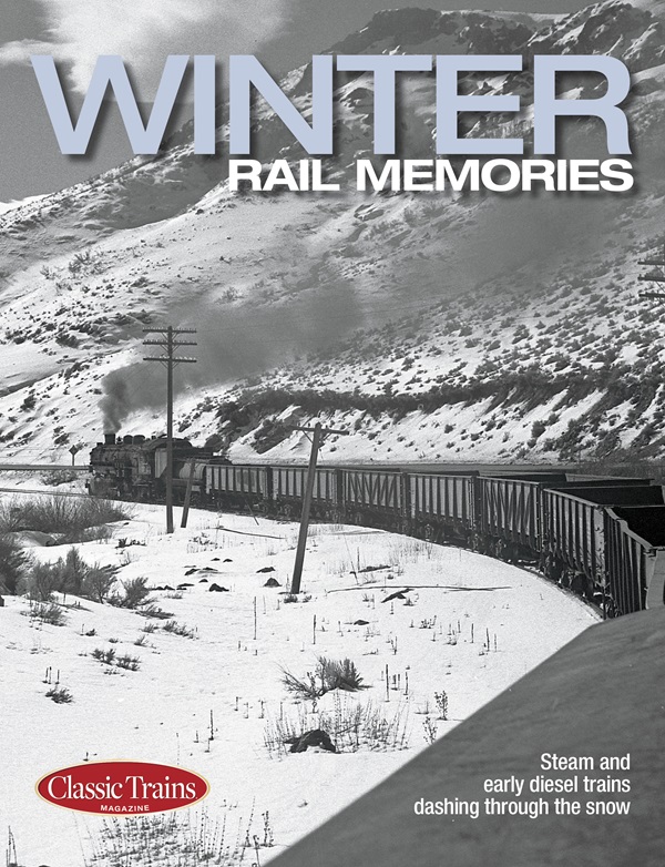 The cover shows a black and white photo of a passenger train in a winter scene