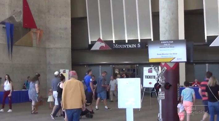 Visitors enter and exit the convention building for the 2019 National Train Show