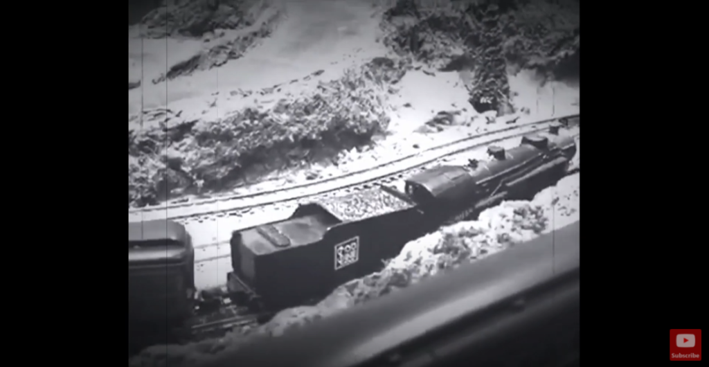 Model railroad scene in black and white