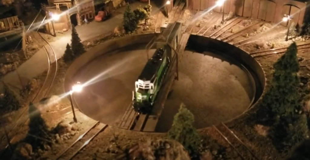 N scale locomotive on turntable