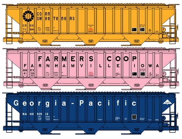 Yellow, pink, and blue train cars