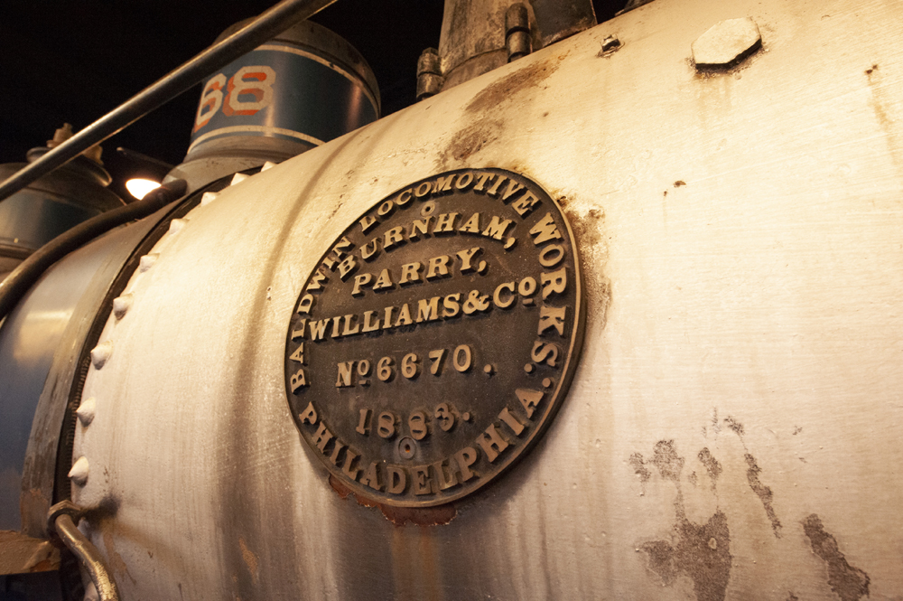 A circular builder’s plate affixed to No. 168’s smokebox proclaims it to be an 1883 graduate of the Baldwin Locomotive Works factory in Philadelphia, Pa. Two photos, TRAINS: Jim Wrinn