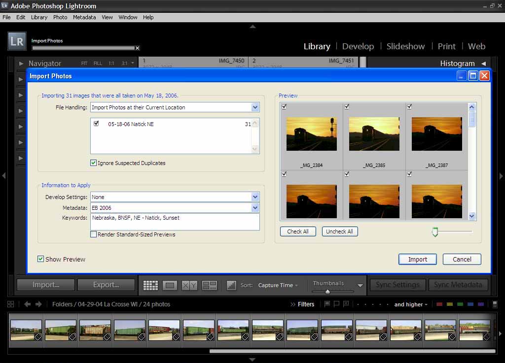 Abobe Photoshop Lightroom Import phase