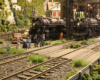 Model people cross tracks at a crossing with two model steam locomotives just behind them to the right.