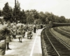 Boy scouts in uniform wait for arriving passenger train