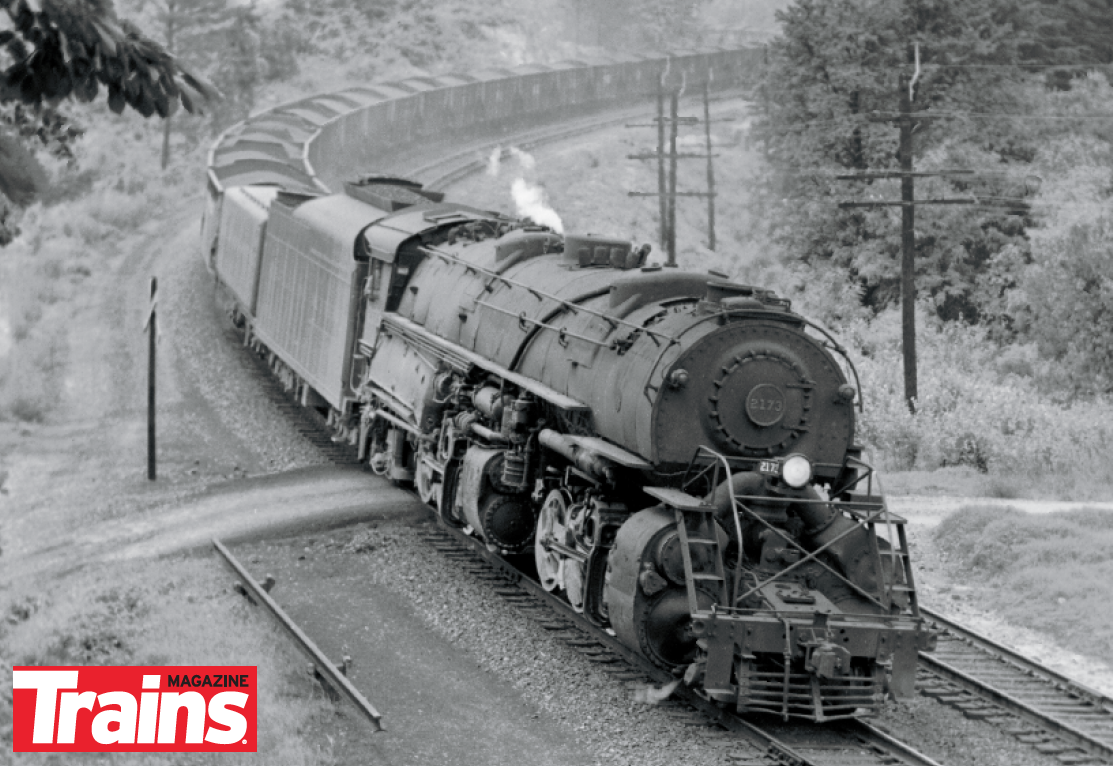 Norfolk & Western 2-8-8-2 Y class type steam locomotive hauls a coal train in Virginia in 1958.