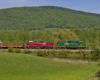 A train passing through a hilly, grassy, area