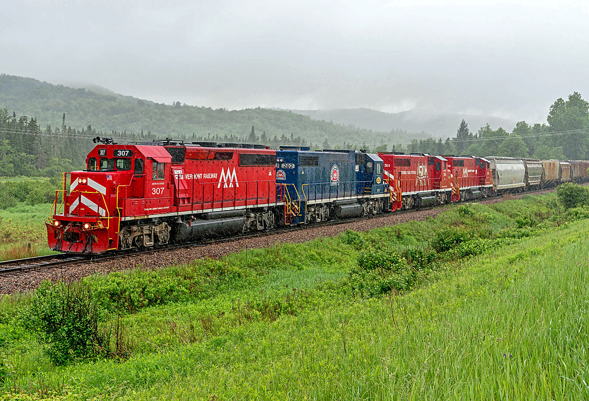 A train passing through a grassy area with lots of trees and hills