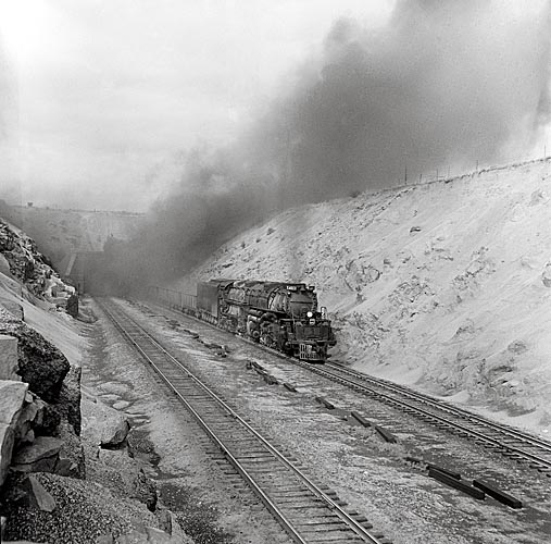Two steam locomotives passing each other