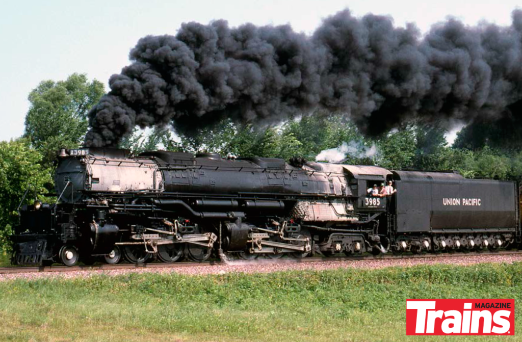 Union Pacific 4-6-6-4 Challenger type steam locomotive No. 3985 pulls an excursion in Iowa in 2002.