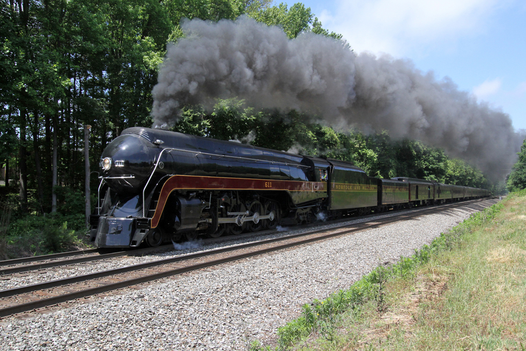 A black train passing through a forest with big black smoke coming out of its chimney