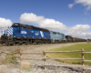 A blue train passing by a rural area