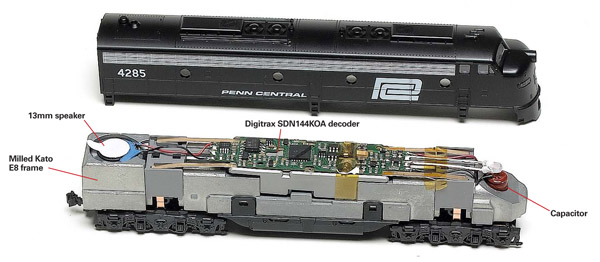 Aztec Manufacturing TM3110S milled Kato E8 from and Digitrax SDN144KOA sound decoder