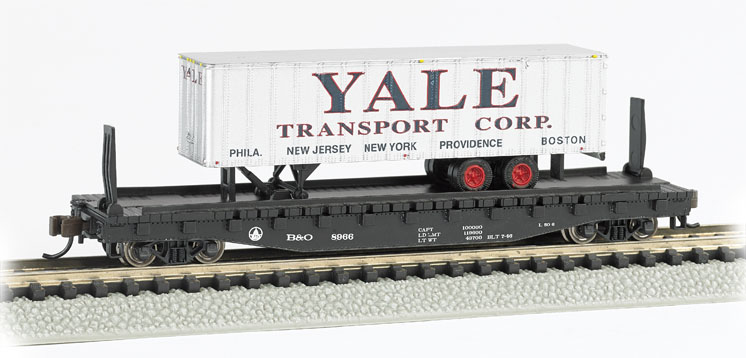 BachmannNscale526flatcarwith35footpiggybacktrailer