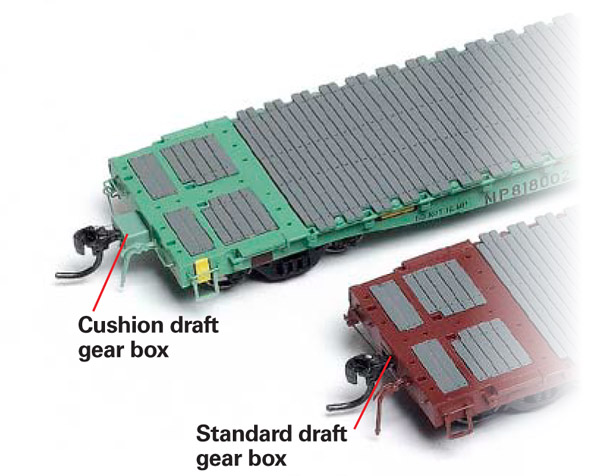 Each version of the flatcar includes the proper draft gear box for its prototype