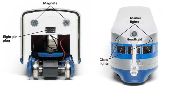 Eightpin plugs and sockets and magnets hold the cars together Both cab coaches feature headlights class lights and marker lights