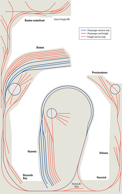 Fig1ServicediagramAllpartsoftheNewHavensCapeCodbranchhavefreightserviceasindicatedbytheredlines