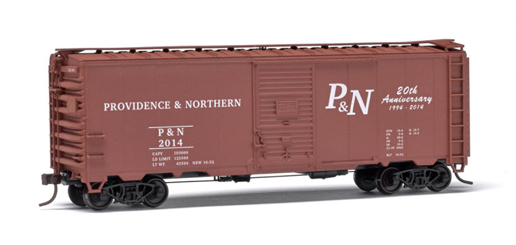 HOscaleProvidenceNorthern20thAnniversary40footsteelboxcarkitCustomdecoratedAccurailcarsofferedbytheProvidenceNorthernModelRailroadClub