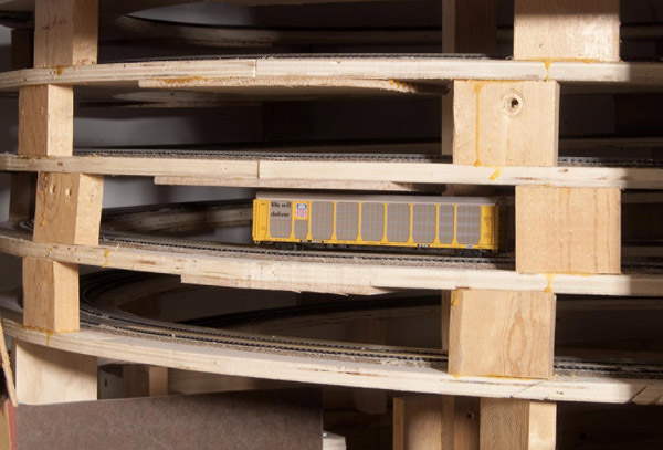 Helixology for N scalers: An image of a model freight car on a helix layout