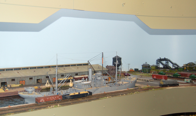 An nautical port with rail services on a model railroad layout