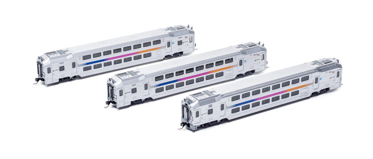 Atlas Model Railroad Co. N scale NJ Transit multi-level cab car, trailer coach, and trailer coach with toilet