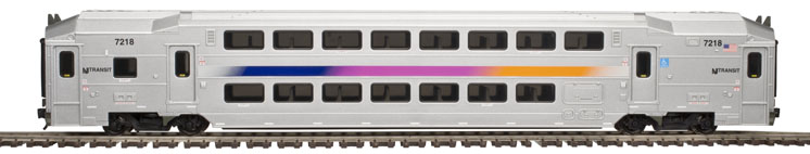 Atlas HO scale NJ Transit multi-level cab car, trailer coach, and trailer coach with toilet
