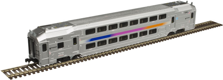 Atlas Model Railroad Co. N scale NJ Transit multi-level cab car, trailer coach, and trailer coach with toilet