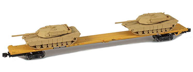 American Z Line Z scale Department of Defense 89-foot flatcar with two M1 tank loads