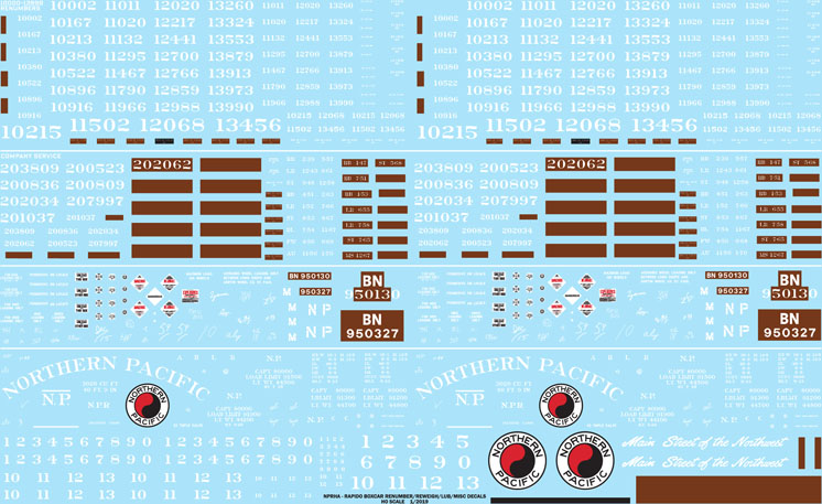 Cartograf HO scale Northern Pacific 10000-series double-sheathed boxcar decals, available from Northern Pacific Ry. Historical Association Company Store