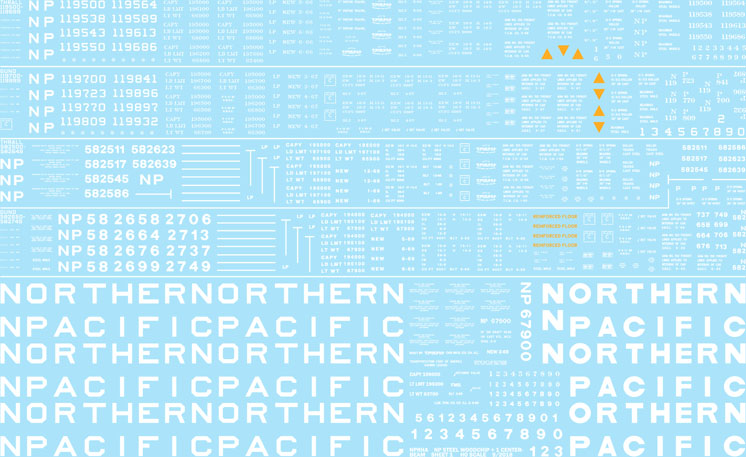 Cartograf HO scale Northern Pacific Thrall and Gunderson woodchip car decals, available from Northern Pacific Ry. Historical Association Company Store