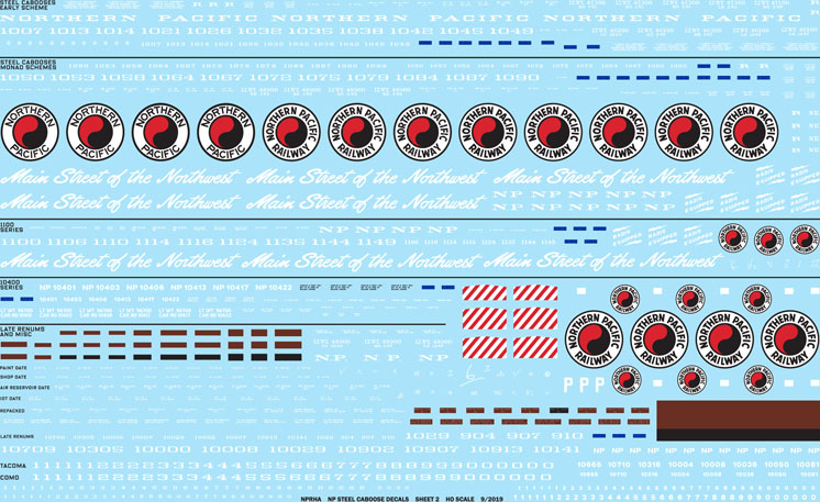 Cartograf HO scale Northern Pacific wood and steel caboose decals, available from Northern Pacific Ry. Historical Association Company Store