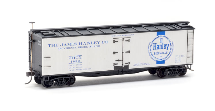 Accurail HO scale Hanley’s Beer & Ale 40-foot double-sheathed refrigerator car, custom-decorated for the Providence Northern Model Railroad Club Inc.