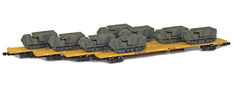American Z Line Z scale 89-foot flatcar with M270 multiple launch rocket system loads