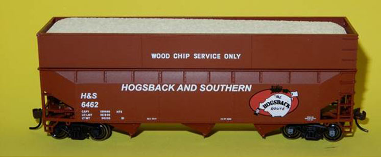 Bowser HO scale Hogsback & Southern offset-side wood-chip hopper decorated for the Lansing Model Railroad Club