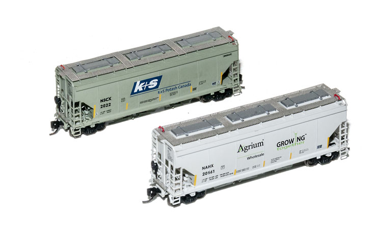 North American Railcar Corp. N scale National Steel Car potash service covered hoppers, available exclusively from Pacific Western Rail Systems