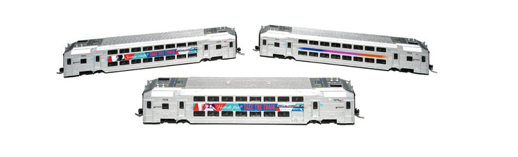 Atlas Model Railroad Co. N scale NJ Transit multi-level cab car, trailer coach, and trailer coach with toilet