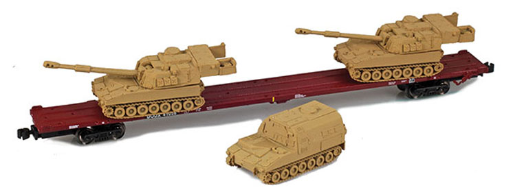 American Z Line Z scale Department of Defense 89-foot flatcar with military loads
