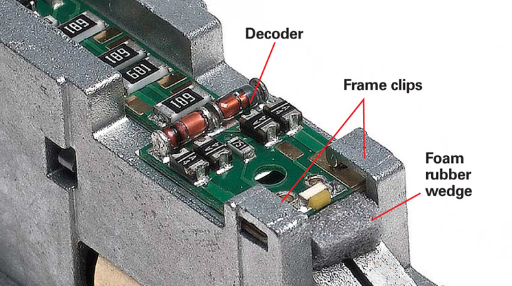An image of a N scale decoder, with labels indicating Decoder, Frame clips and Foam rubber wedge