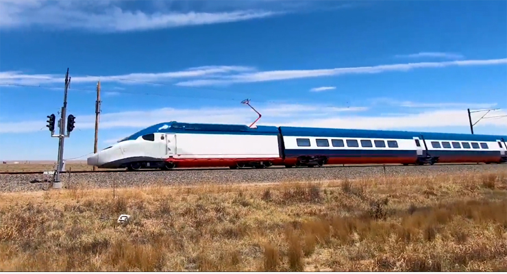 Blue and white high speed trainset