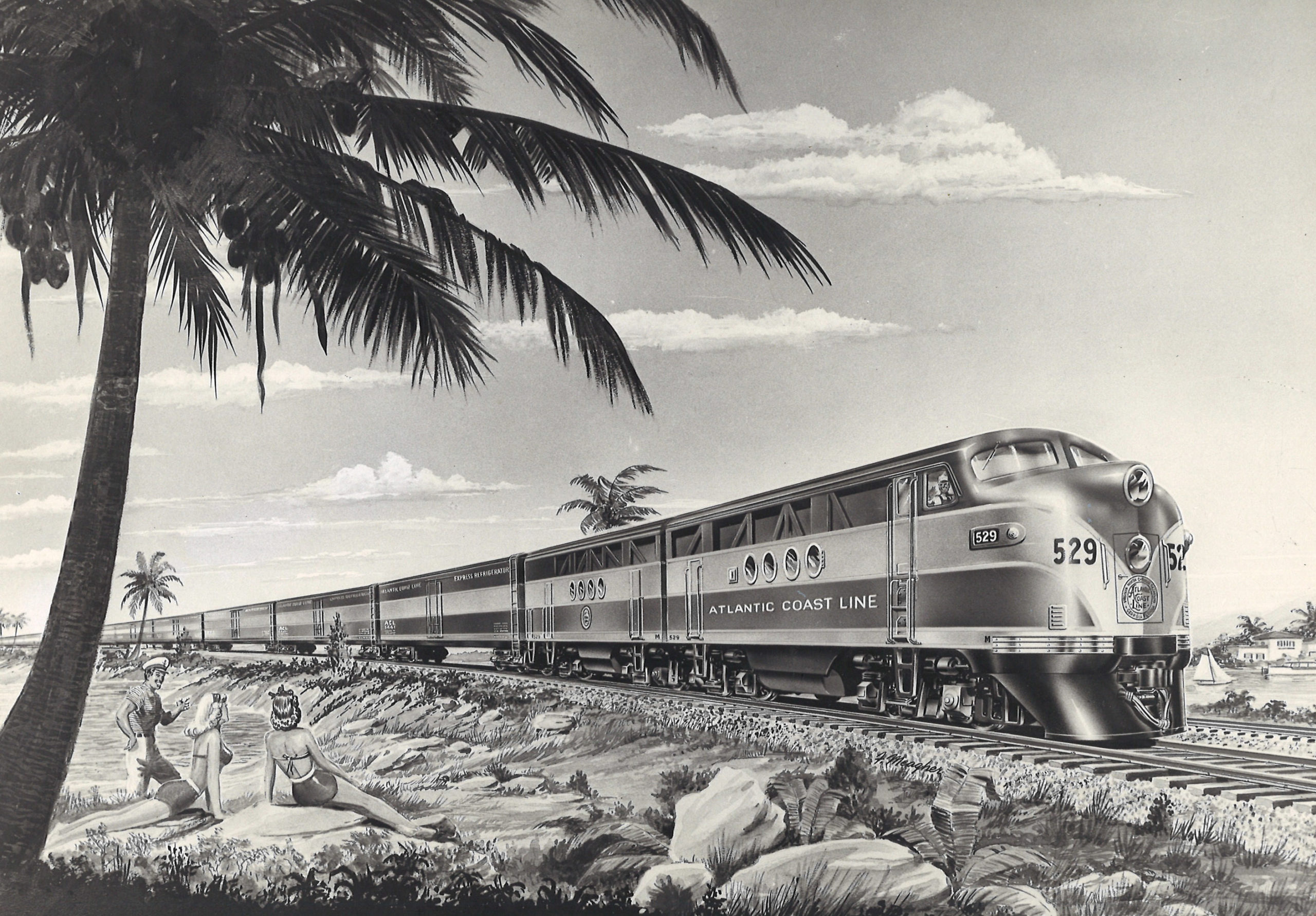 an illustration of a diesel passenger train passing people by a palm tree