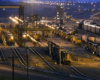 A diesel rail yard at night