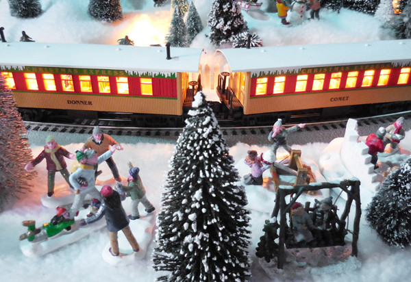 Christmas scene on toy train layout