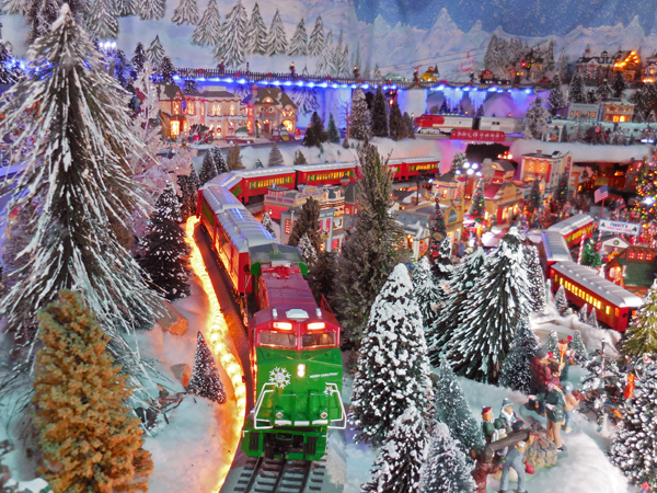 model train with lights on layout