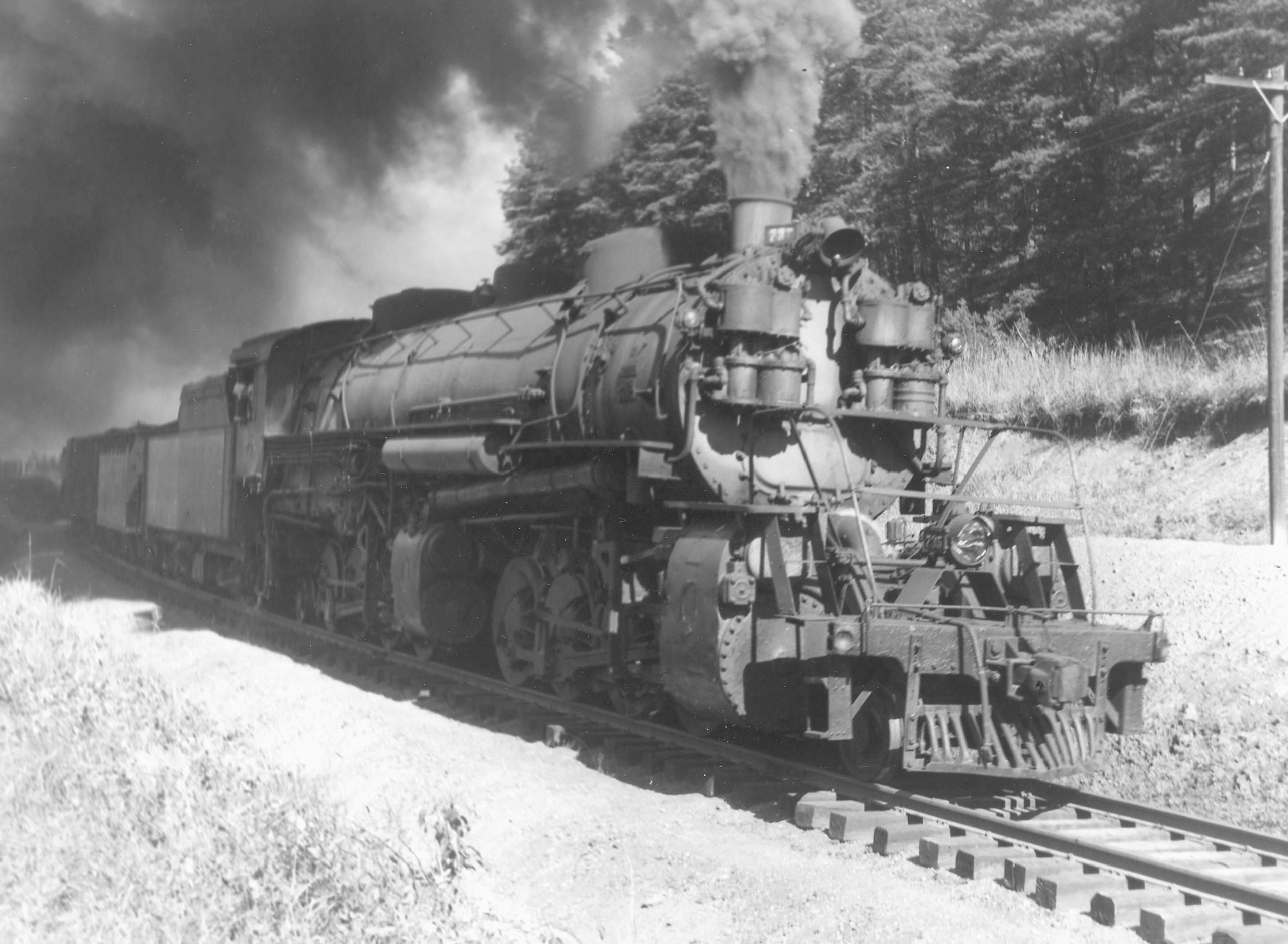 L-3 class 2-8-8-2 735, the first of 10 Alco 1923 USRA “sports model” Mallet steam locomotives (the last of three CC&O L-classes), works a southbound coal train at Mead, North Carolina, in June 1945.